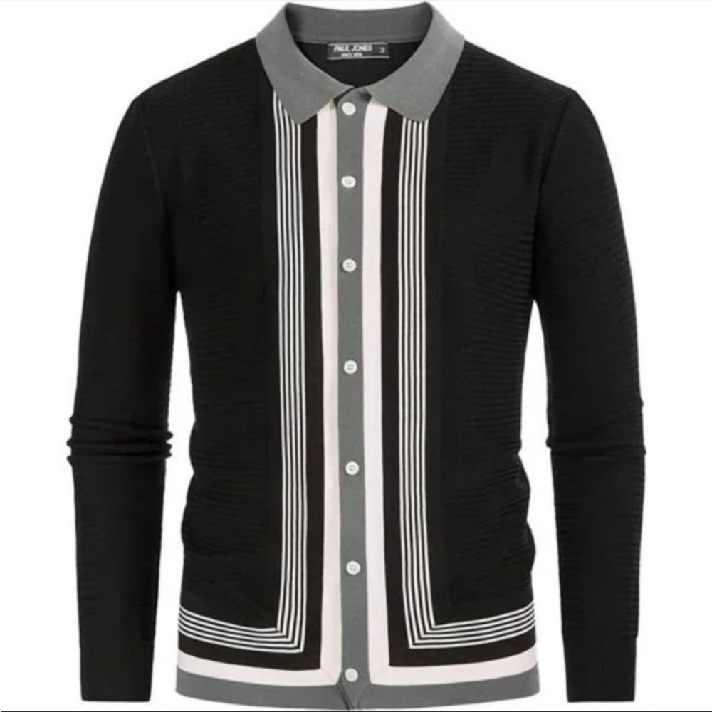 New Mens Long Sleeve Button Down Knitted Cardigan Sweaters, B-black+gray